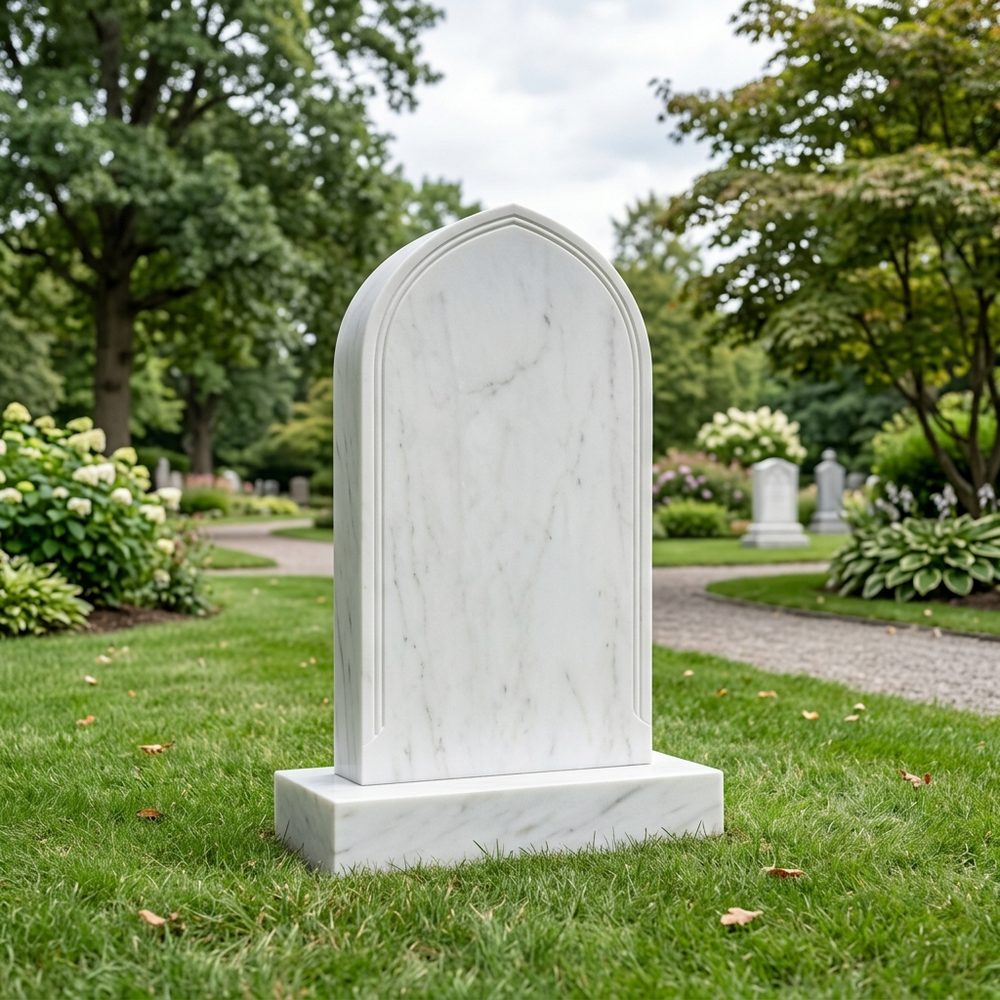 White marble memorial monument, sculpted and hand-finished